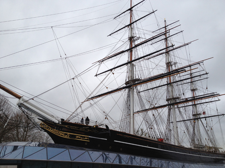 The Cutty Sark with appropriately English weather