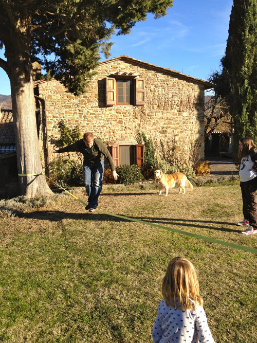 Divulging the finer points of falling off the slackline to his nieces.